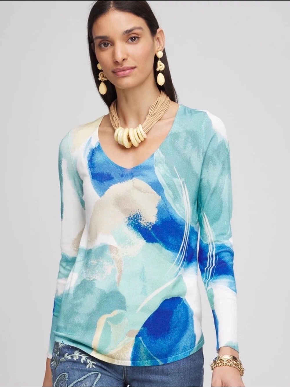Chico’s Abstract Watercolor Print V-Neck Sweater Size 2 ( US size 12-14 Large)